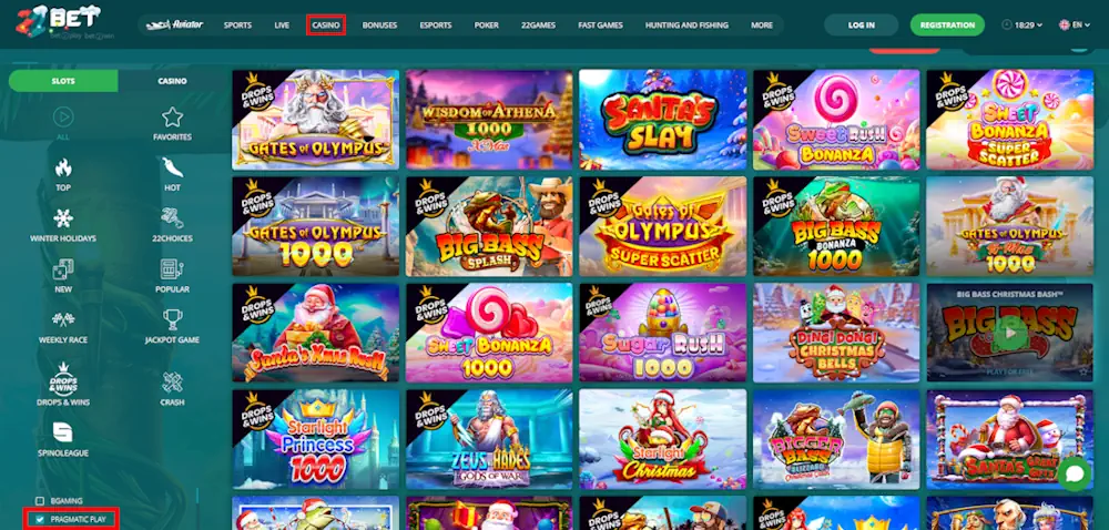 22Bet Pragmatic Play Games Screenshot